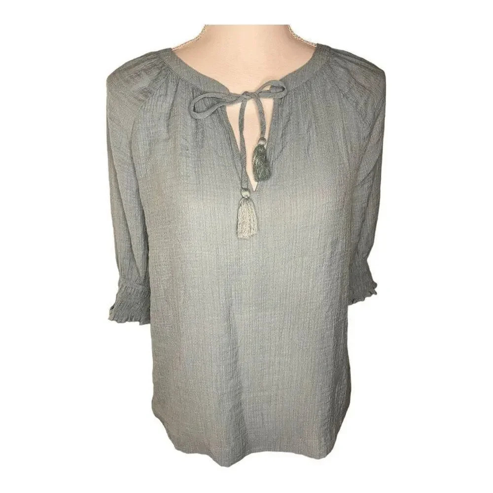 Ann Taylor Women’s Medium Blue Crinkle Tie Neckline Puff Sleeve Blouse